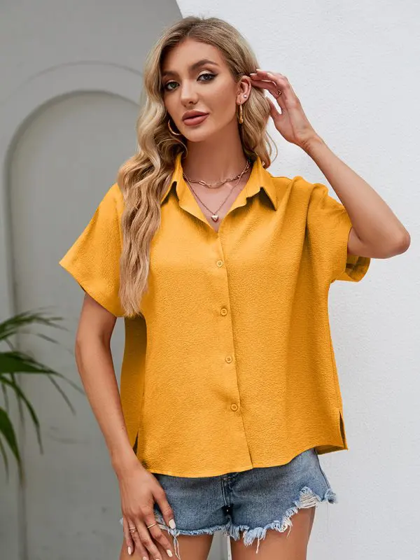V Neck Button Bubble Wrinkle Loose Short Sleeve Shirt in Blouses & Shirts