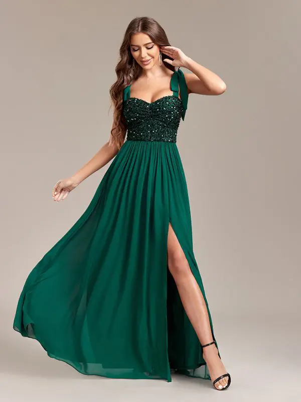 Sequined Chiffon High Slit Backless Prom Dress in Prom Dresses