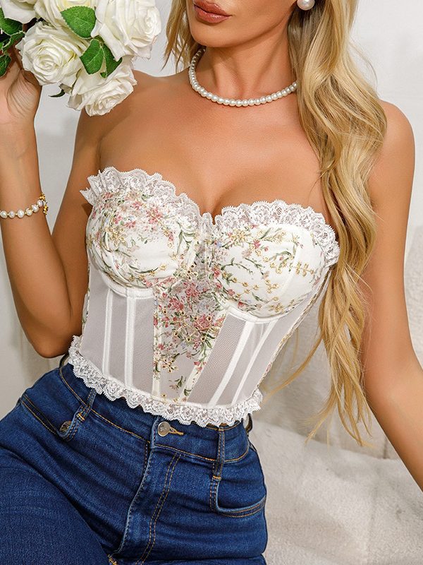 Lace Embroidery Boning Corset Breasted Top in T-shirts & Tops