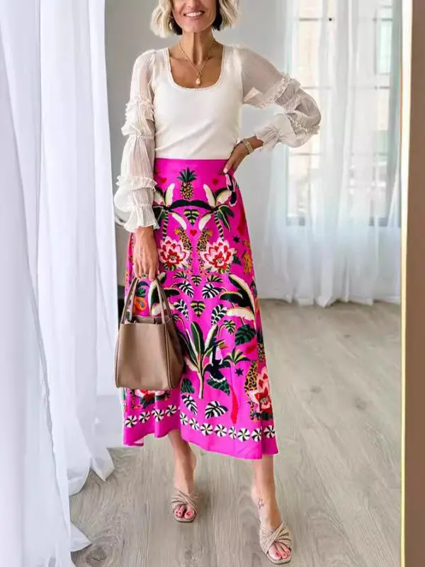 Tropical Plant Vintage Print Skirt in Skirts