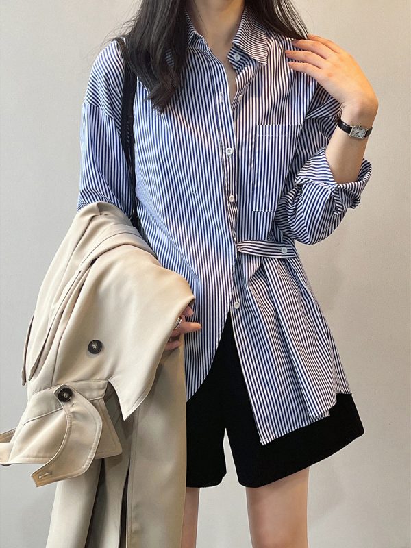 Striped Long Sleeve Waist Tight Back Slit Shirt in Blouses & Shirts
