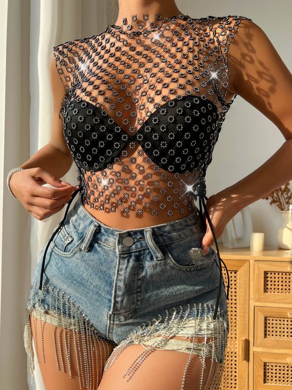 Sexy Fishnet Rhinestone Vest Top in T-shirts & Tops