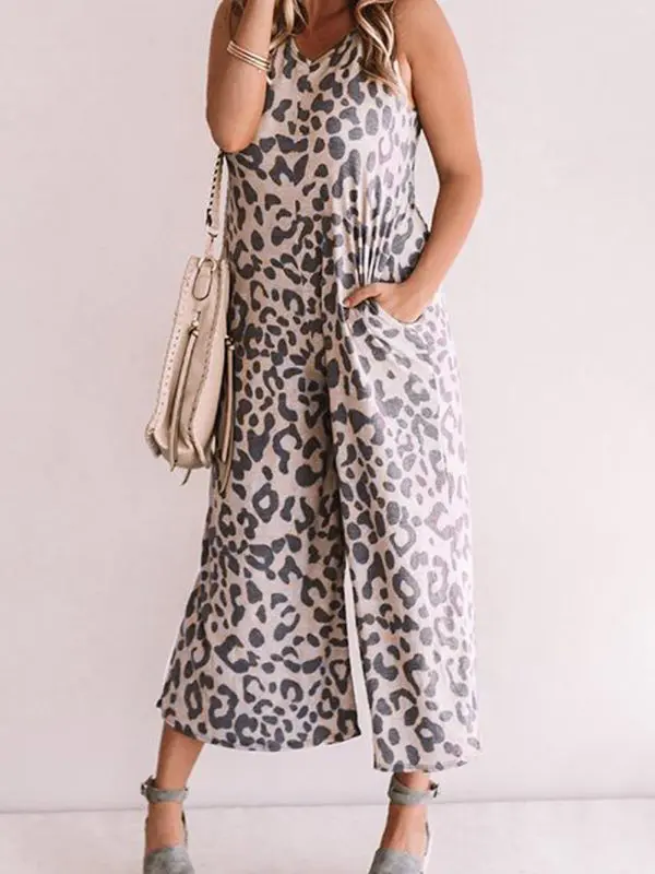 Leopard Print Sleeveless Loose Women Jumpsuit in Jumpsuits & Rompers