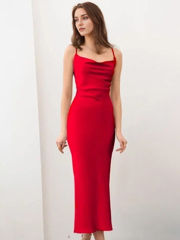 Satin Little Red Swing Collar Strap Fishtail Dress in Dresses