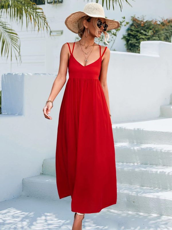 Sexy V Neck Backless Strap Beach Dress in Dresses