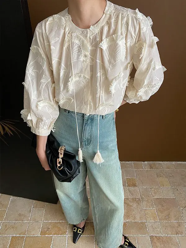 Embroidered Crew Neck Tassel Shirt in Blouses & Shirts