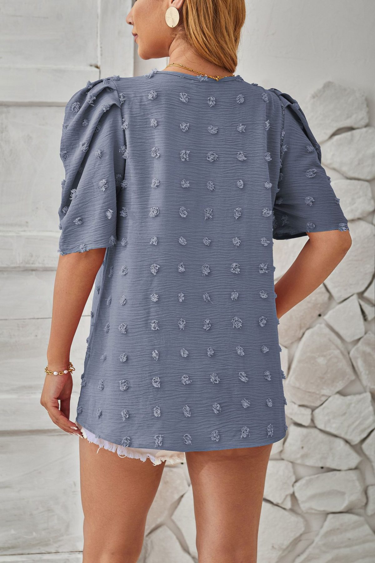 Jacquard Fur Ball Short Sleeve Square Collar Smocking Top Blouse in Blouses & Shirts