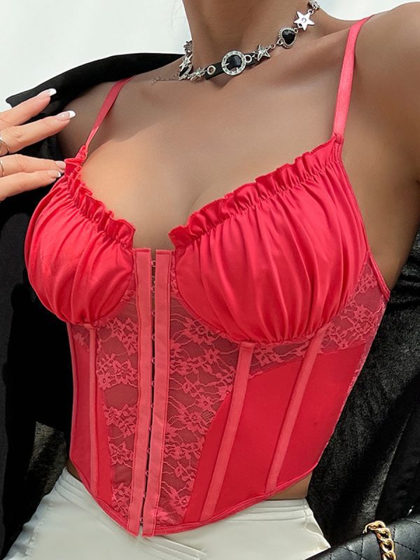 Sexy Advanced Lace Pleated Boning Corset Vest Top in T-shirts & Tops