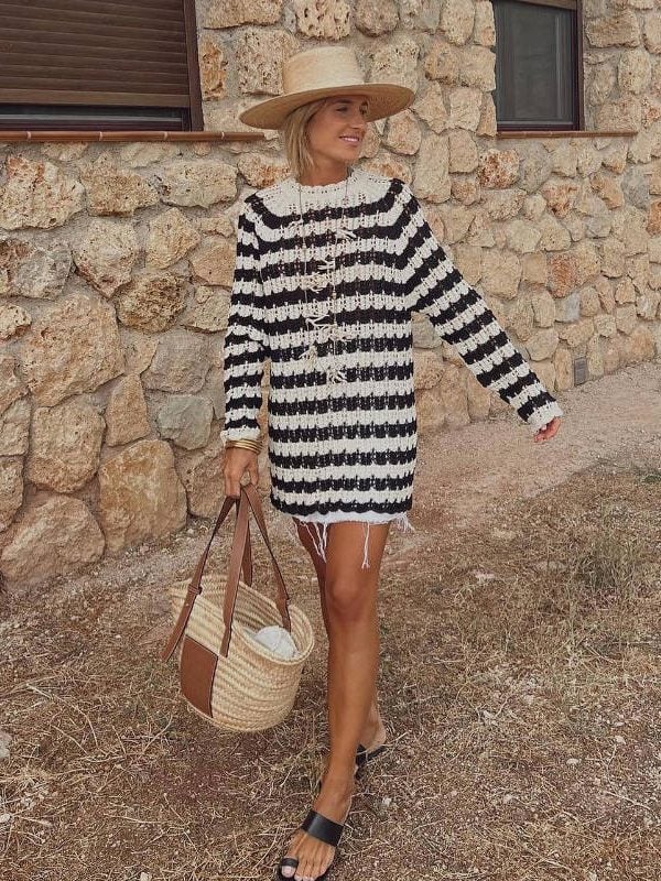 Long Sleeve Hollow Out Cutout Knitted Dress in Dresses
