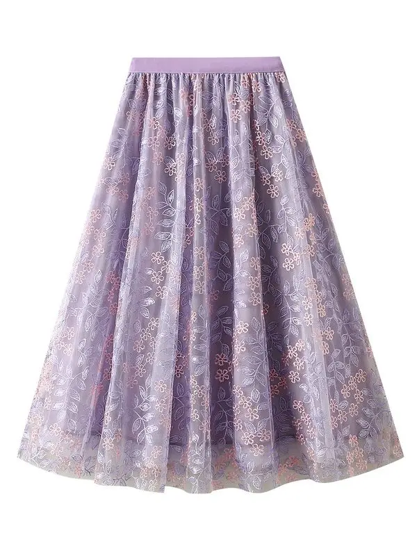 Embroidered Elastic Waist Slim Fit Double Layer Tulle Midi Skirt in Skirts