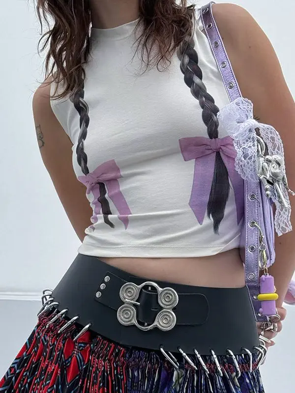 Braid Printed Sleeveless Round Neck Cropped Top in T-shirts & Tops