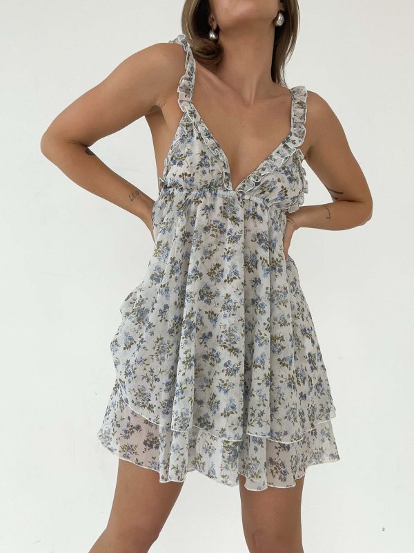 Floral A Hem Ruffled Lace Up Sexy Cami Dress in Dresses