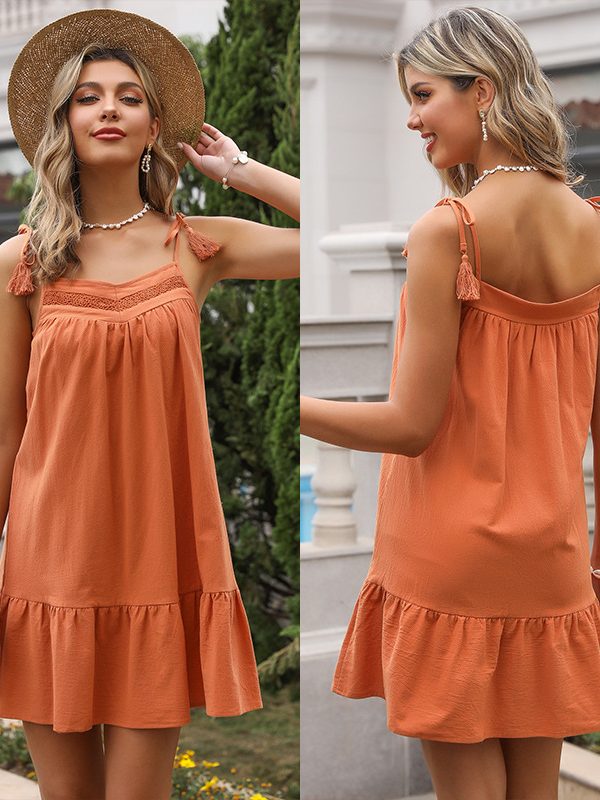 Lace Lace-Up Tassel Cami Babydoll Dress in Dresses