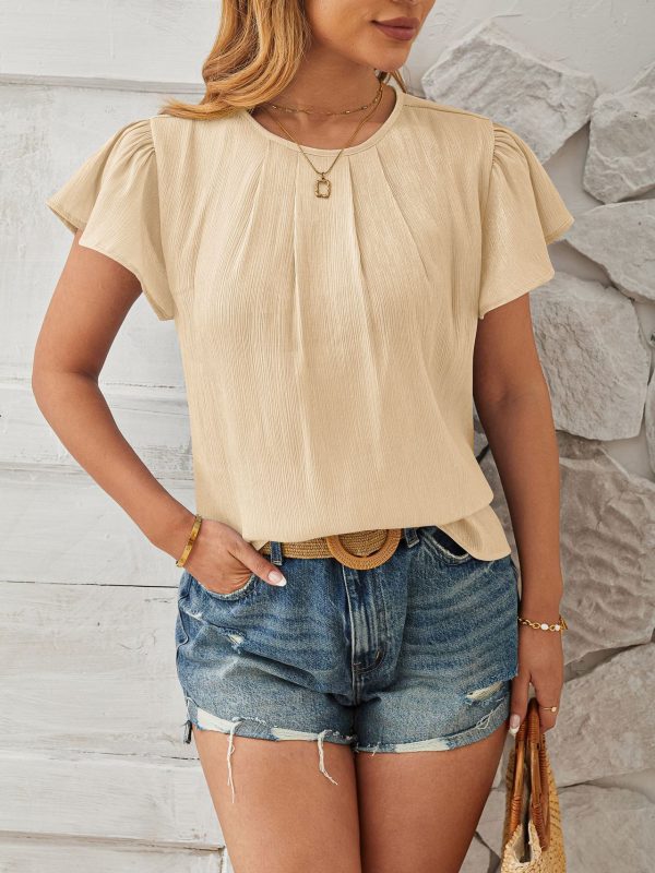 Round Neck Gold Fabric Petal Sleeve Loose Top Blouse in Blouses & Shirts