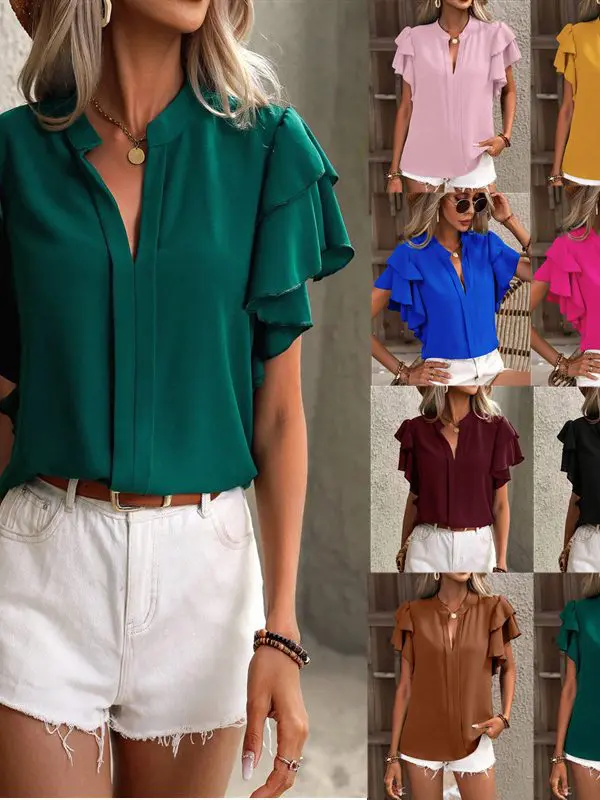 V Neck Double Layer Ruffle Sleeve Shirt Top in Blouses & Shirts
