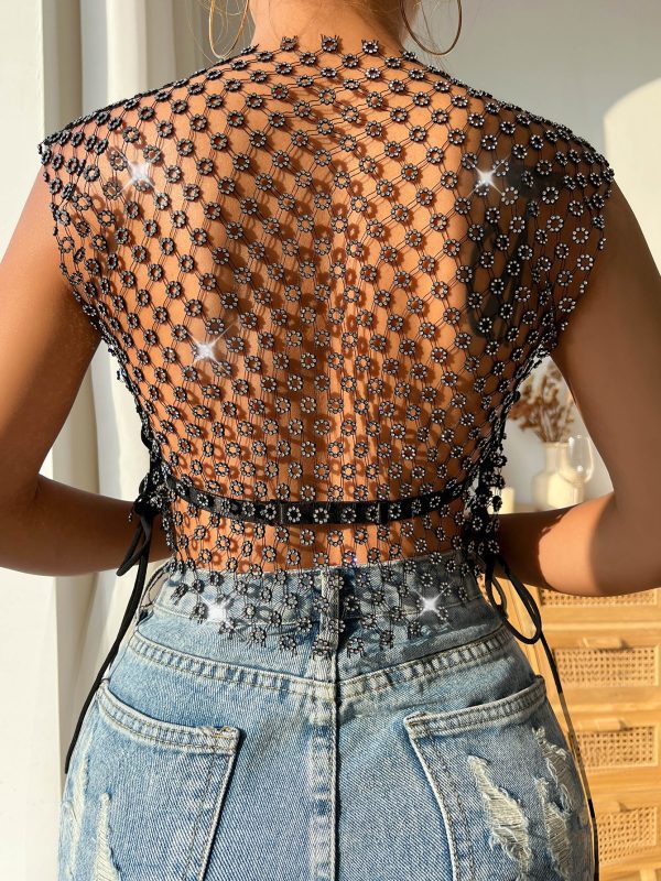 Sexy Fishnet Rhinestone Vest Top in T-shirts & Tops