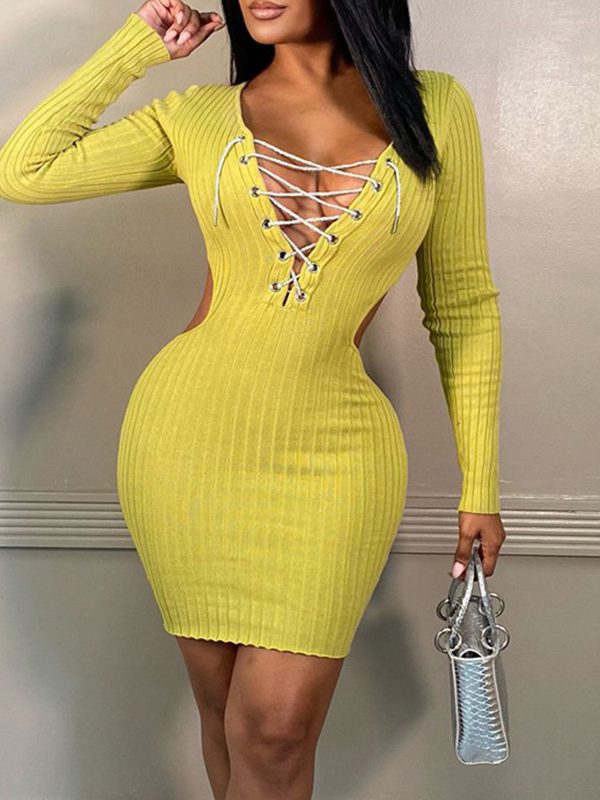 Long Sleeve Knitted V Neck Lace Up Rib Mid Hip Dress in Dresses