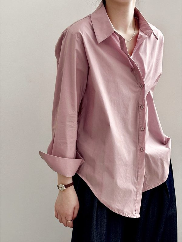 Simple Collared Single Breasted Irregular Asymmetric Hem Shirt in Blouses & Shirts