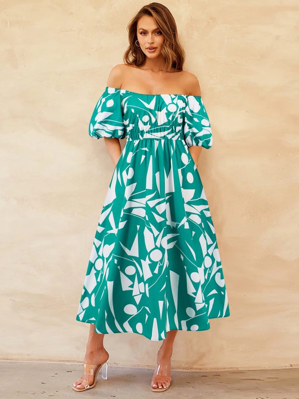 Sexy Off Neck Puff Sleeve Printed Dres in Dresses