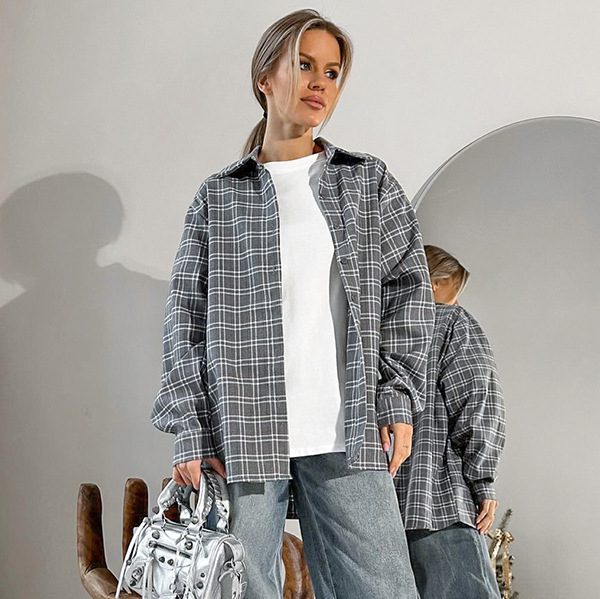 Gray Elegant Plaid Oversize Loose Collared Shirt in Blouses & Shirts