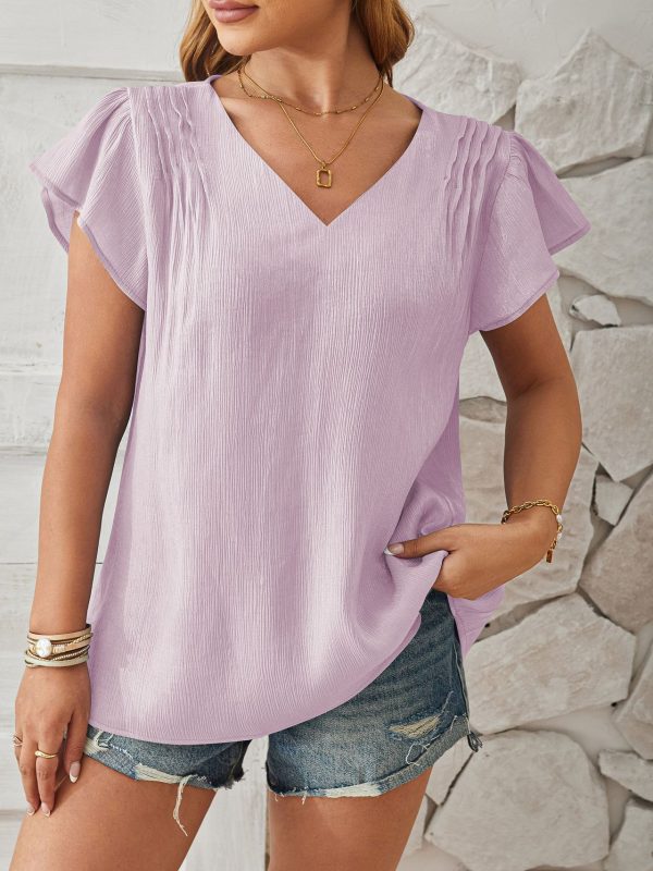 V Neck Fabric Petal Sleeve Loose Blouse in Blouses & Shirts