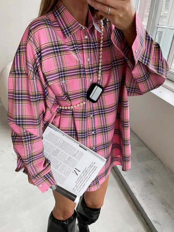 Retro Pink Plaid Collared Loose Shirt in Blouses & Shirts