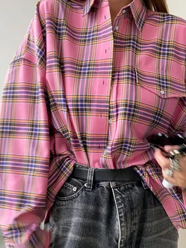 Retro Pink Plaid Collared Loose Shirt in Blouses & Shirts