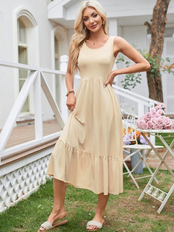 Square Collar Pleated Large Swing Sleeveless Pocket Dress in Dresses
