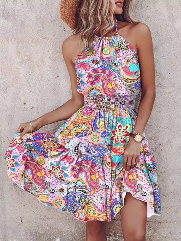 Printed Halter Sexy Backless Waist Tight Sleeveless Dress in Dresses