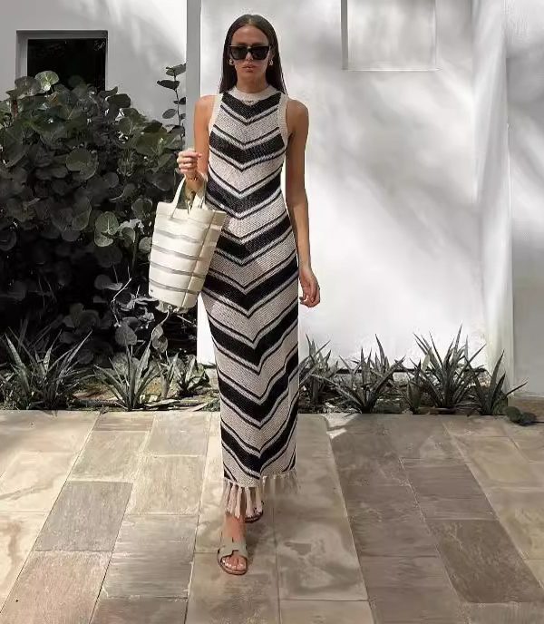 Sexy Tight Striped Tassel Knitted Dress in Dresses