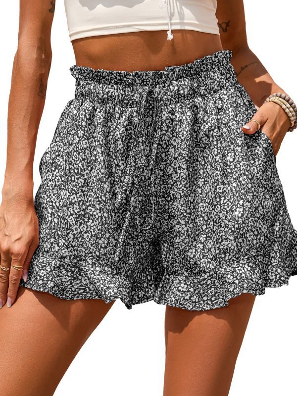 Chiffon Printed Casual Pocket Nipped Waist Shorts in Shorts