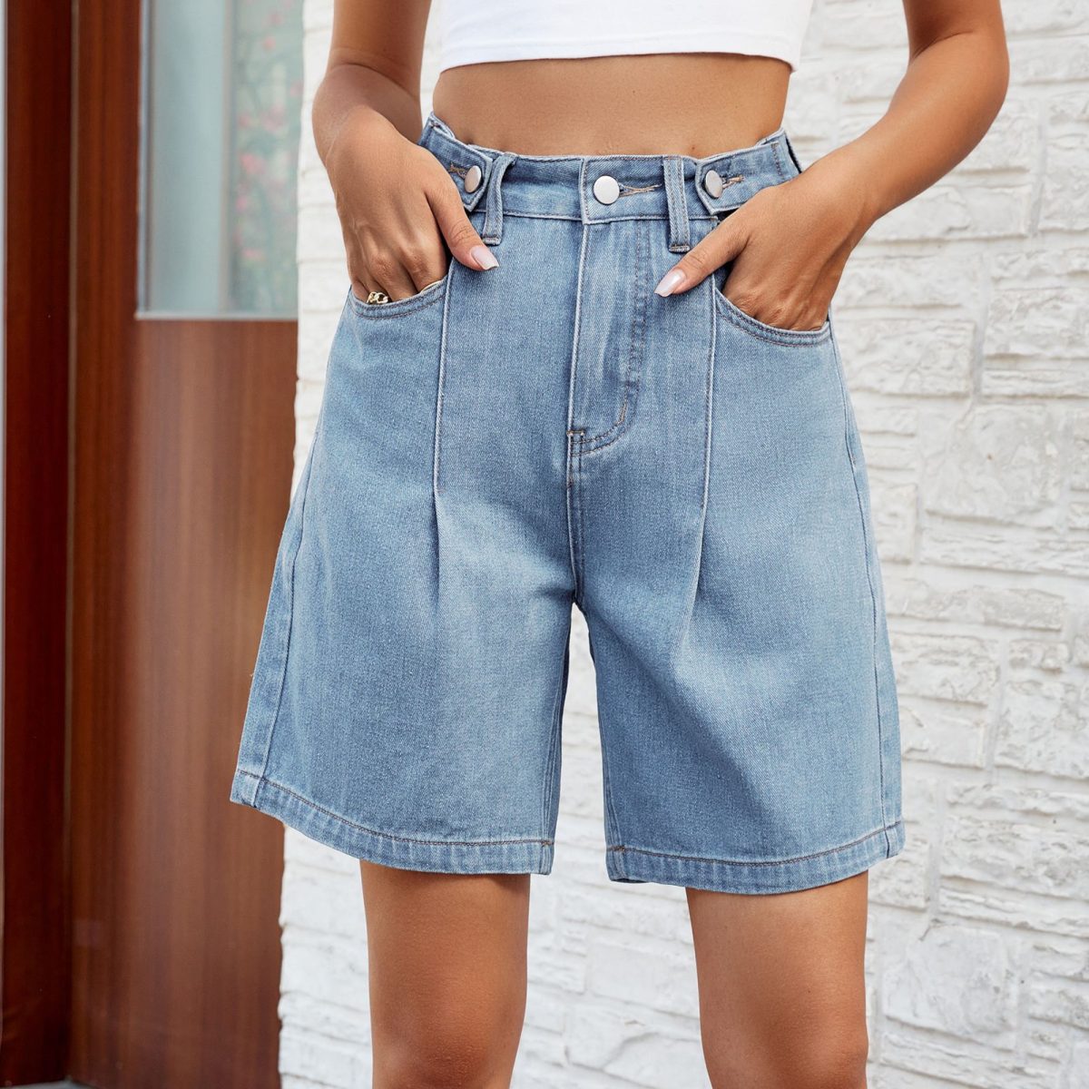 Spring Summer Washed Waist Adjustable Denim Shorts in Shorts