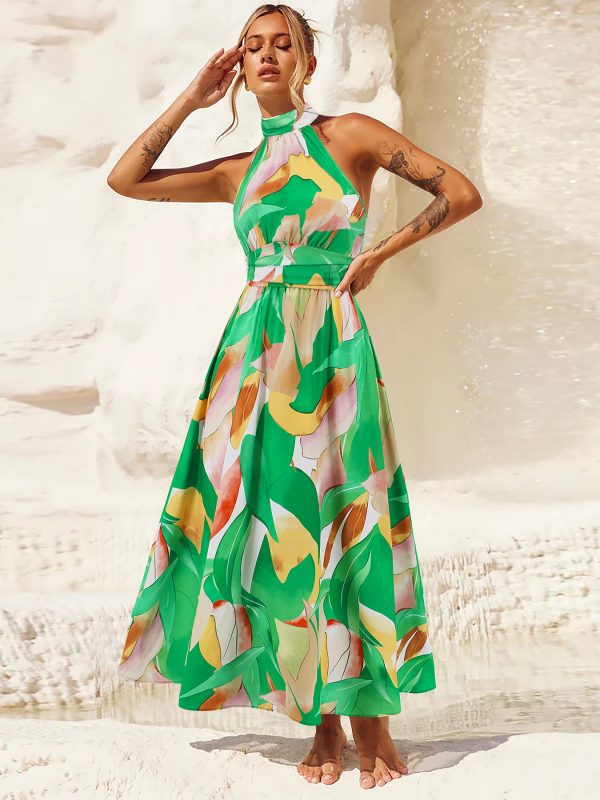 Sexy Stand Up Collar Sleeveless Printed Dress in Dresses