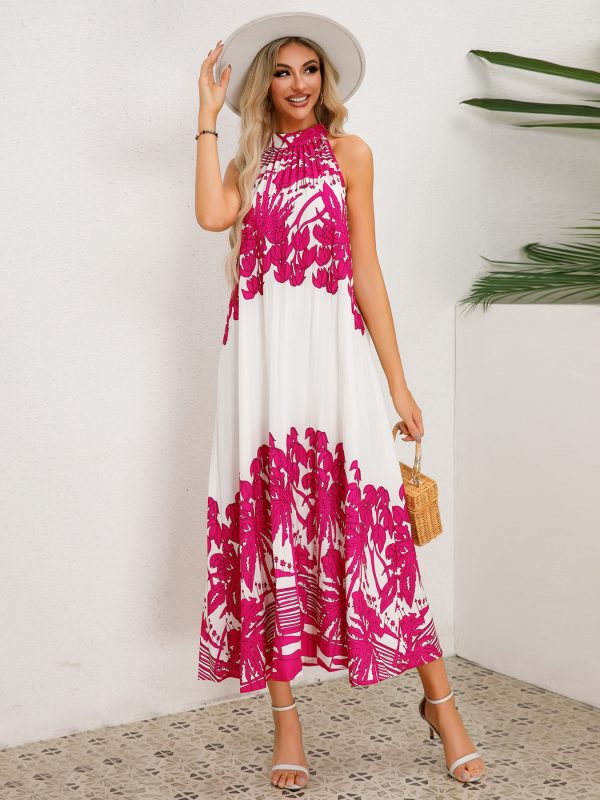 Stand Collar Sleeveless Pleated Printed Loose Swing Maxi Dress in Dresses