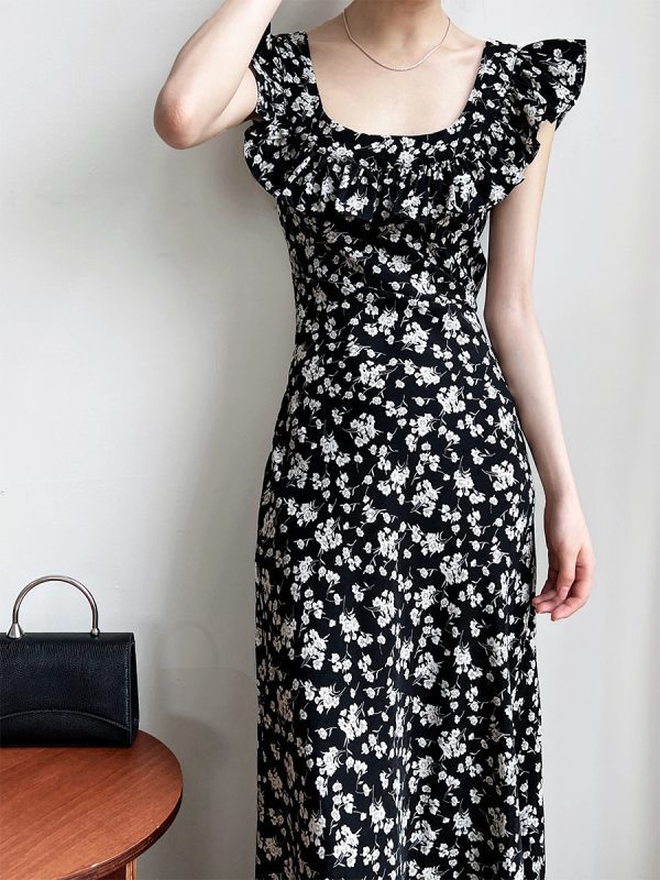 Square Collar Ruffled Floral Dress in Dresses