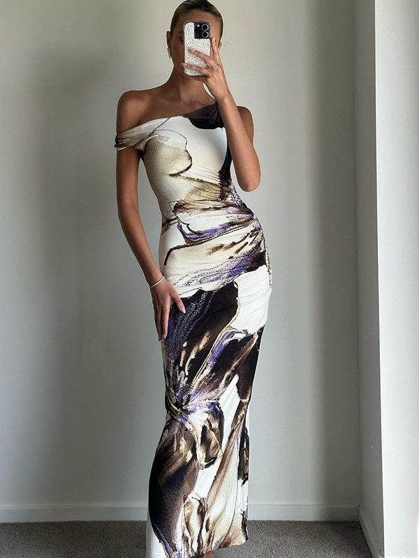 Printed Sleeveless Pleated One Shoulder Slim Fit Maxi Dress in Dresses