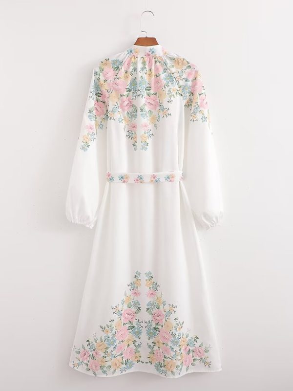 Casual Belt Decorative Lace Stitching Printing Dress in Dresses