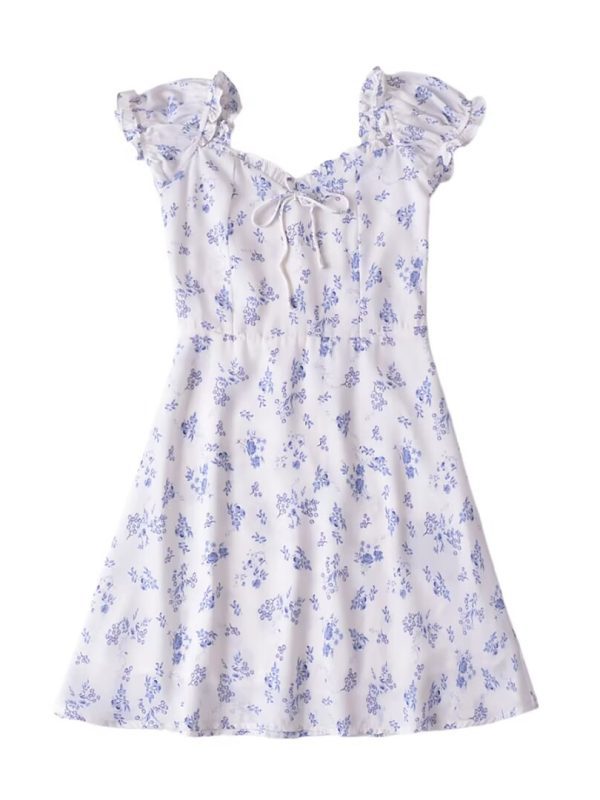 Floral Printed Square Collar Lace Up Bow Flying Sleeve A Line Dress in Dresses