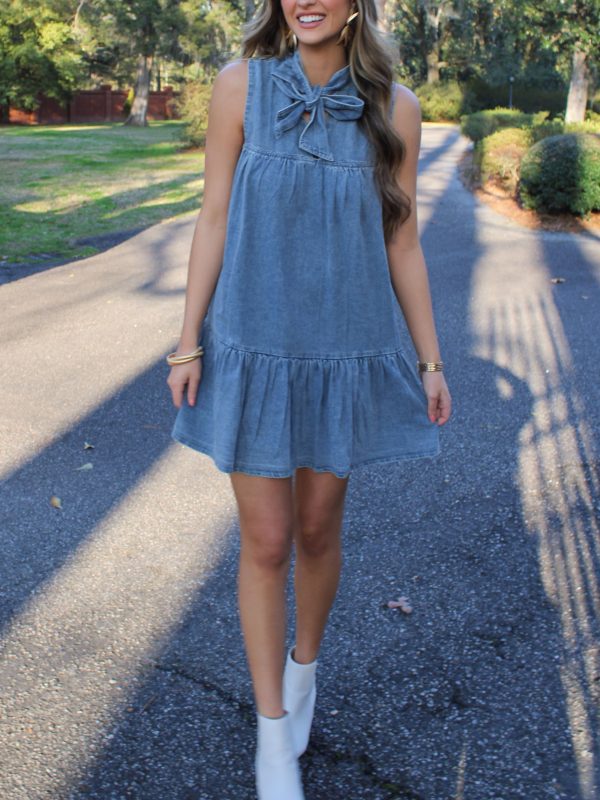 Denim Washed Classic Bow Tie Loose Dress in Dresses