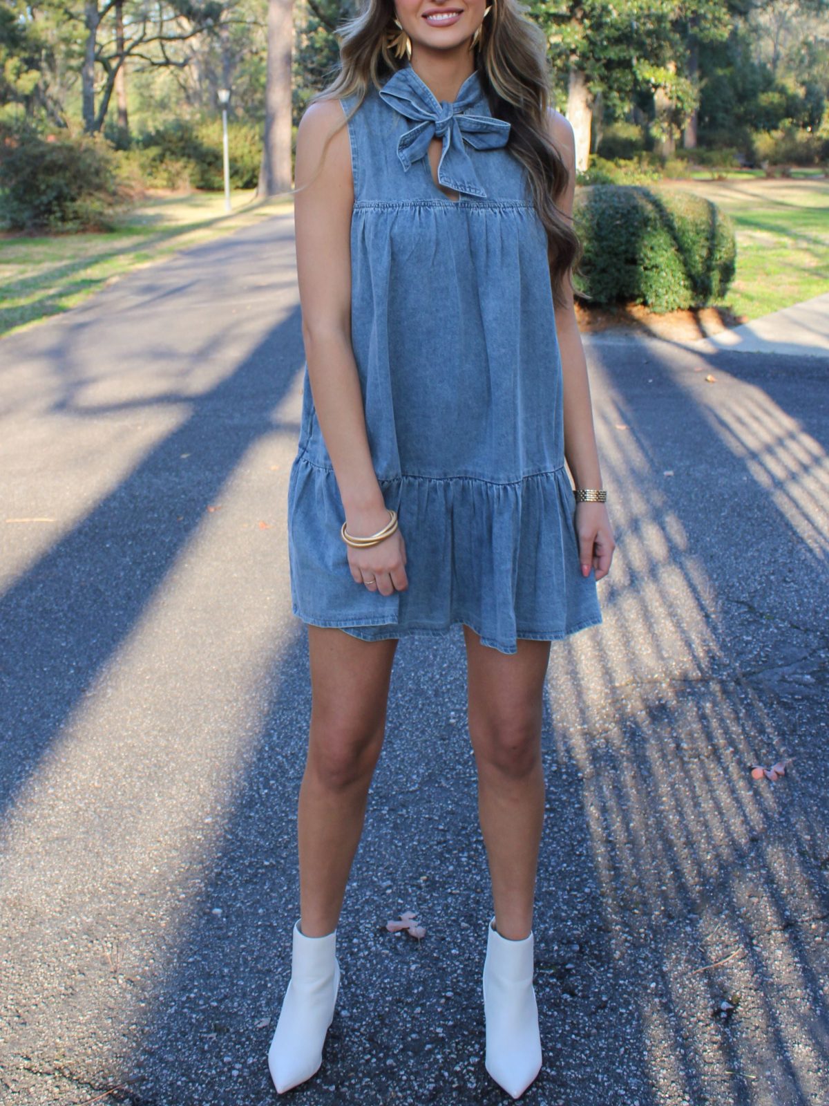 Denim Washed Classic Bow Tie Loose Dress in Dresses