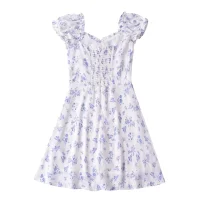 Floral Printed Square Collar Lace Up Bow Flying Sleeve A Line Dress in Dresses