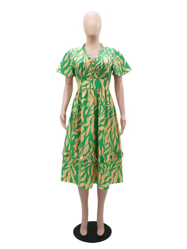 Women Clothing Dress Ruffle V neck Design Fitted High Waist Slimming Midi Dress in Dresses
