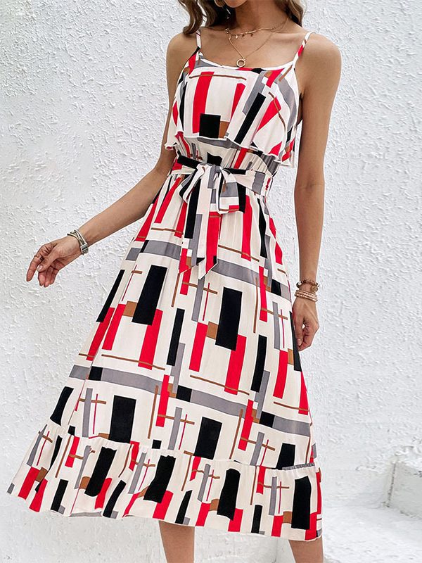 Striped Printed Lace Up Dress in Dresses