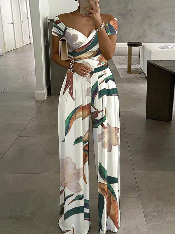 Off Shoulder Printing Office Printed Waist Controlled Jumpsuit in Jumpsuits & Rompers