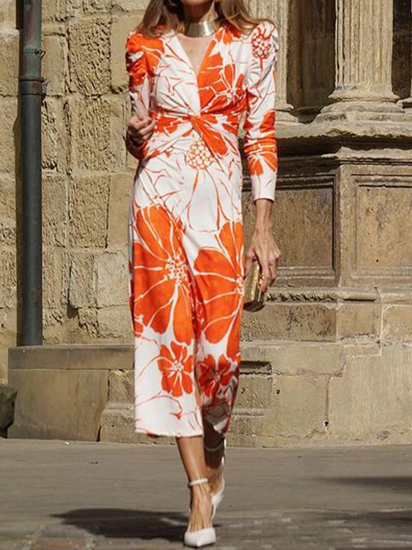 Printed Waist Controlled Mid Length Dress in Dresses