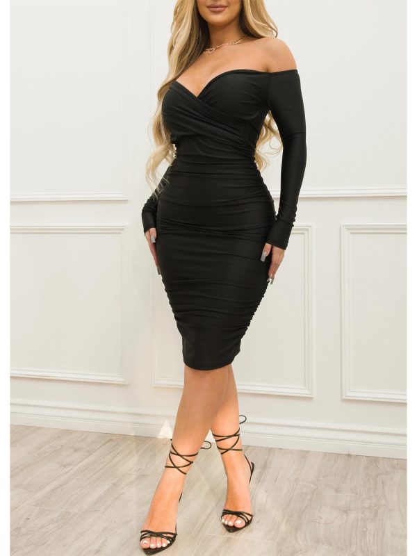 Sexy Off The Shoulder Ruffle Hip Long Sleeve Dress in Dresses