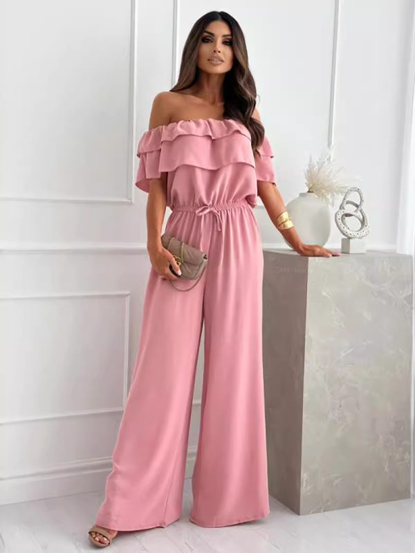 Office Ruffled Off Shoulder Short Sleeved Jumpsuit in Jumpsuits & Rompers