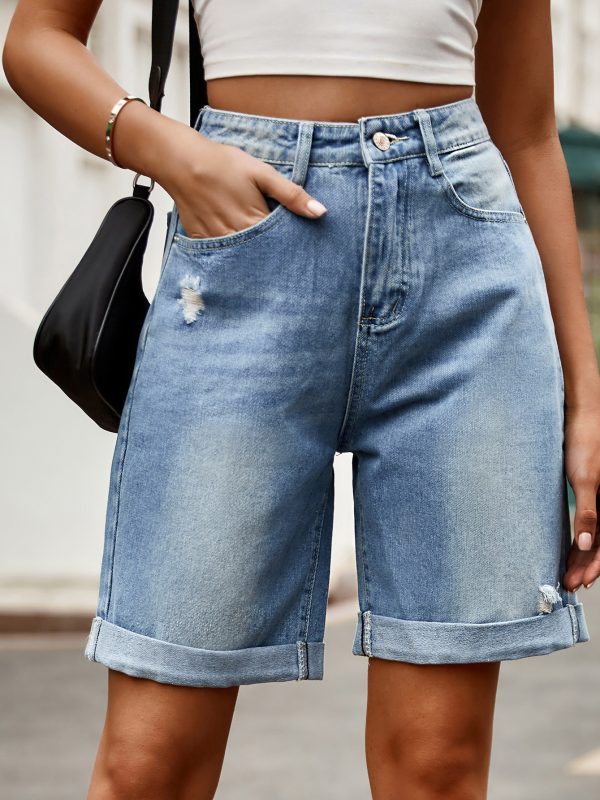 Ripped Curling Denim Shorts in Shorts