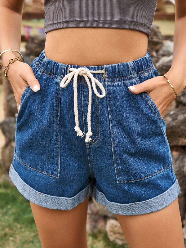Tied Elastic Waist Casual Curling Denim Shorts in Shorts