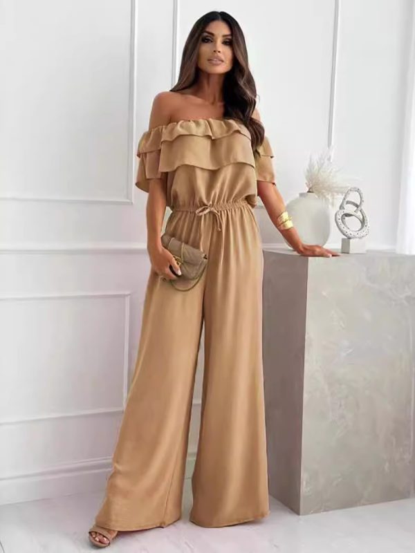 Office Ruffled Off Shoulder Short Sleeved Jumpsuit in Jumpsuits & Rompers